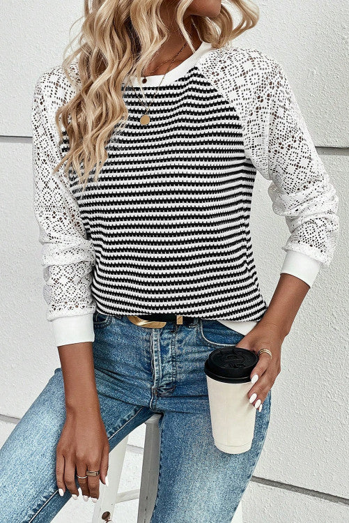 Black Stripe Textured Knit Contrast Hollowed Lace Patchwork Long Sleeve Top