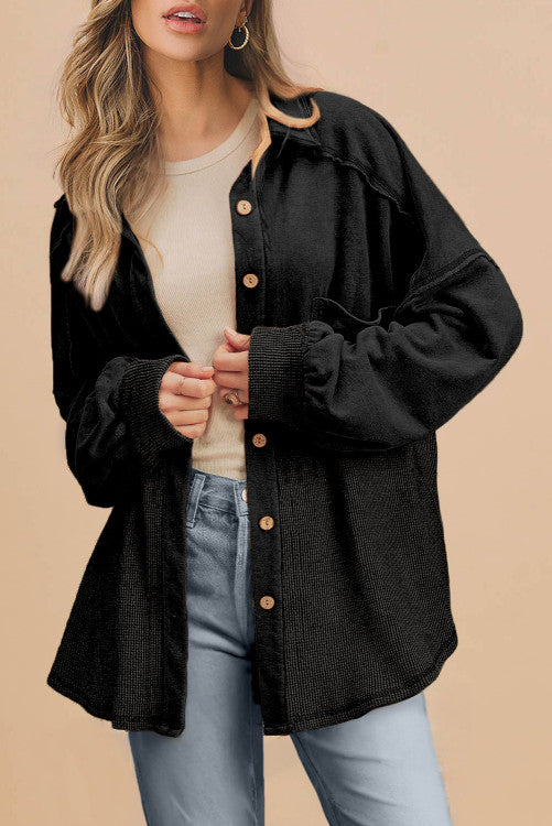 DEAL OF THE DAY Black Waffle Knit Patchwork Exposed Seam Loose Shacket (originally $68)