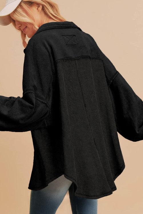 DEAL OF THE DAY Black Waffle Knit Patchwork Exposed Seam Loose Shacket (originally $68)