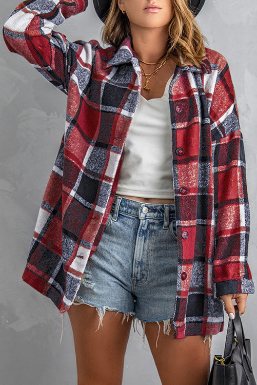 DEAL OF THE DAY Fiery Red Plaid Print Buttoned Shirt Jacket (originally $68)