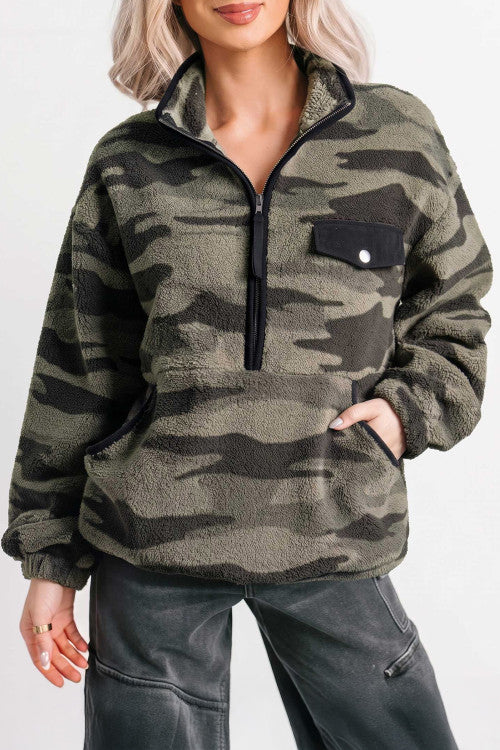DEAL OF THE DAY Multicolour Camouflage Fleece Half Zip-Up Long Sleeve Pocket Sweatshirt (originally $59)