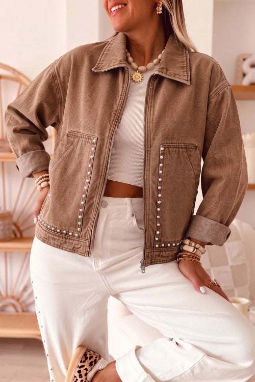 DEAL OF THE DAY Coffee Studded Metal Zipper Rivet Pockets Long Sleeve Denim Jacket (originally $79)
