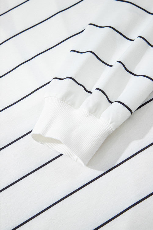 𝐍𝐞𝐰 White Zip V Neck Casual Stripe Print Drop Shoulder Long Sleeve Top