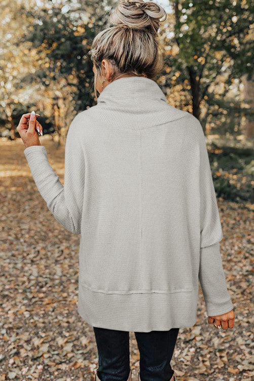 𝐍𝐞𝐰 Light Grey Textured Knit Drawstring Cowl Neck Oversize Top with Side Slits