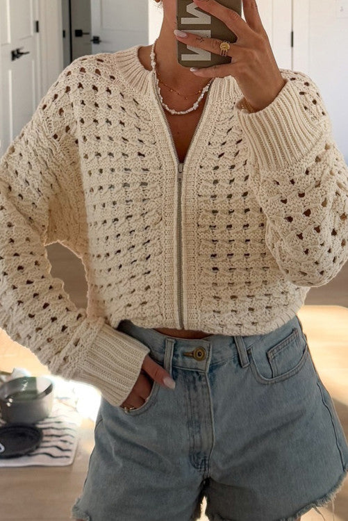 Beige Hollowed Pattern Knit Zip Up Drop Shoulder Sweater Cardigan