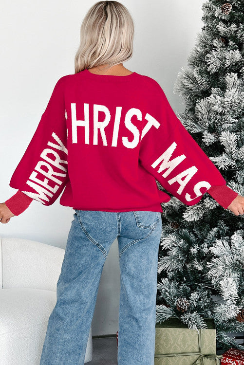 Fiery Red HO HO HO MERRY CHRISTMAS Drop Shoulder Loose Sweater