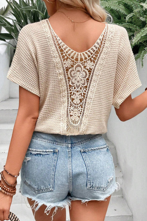 Oatmeal Lace Patch Textured T-shirt