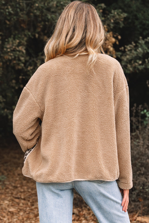 Casual Leopard Print Accent Plush Jacket with Pockets