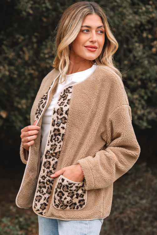 Casual Leopard Print Accent Plush Jacket with Pockets