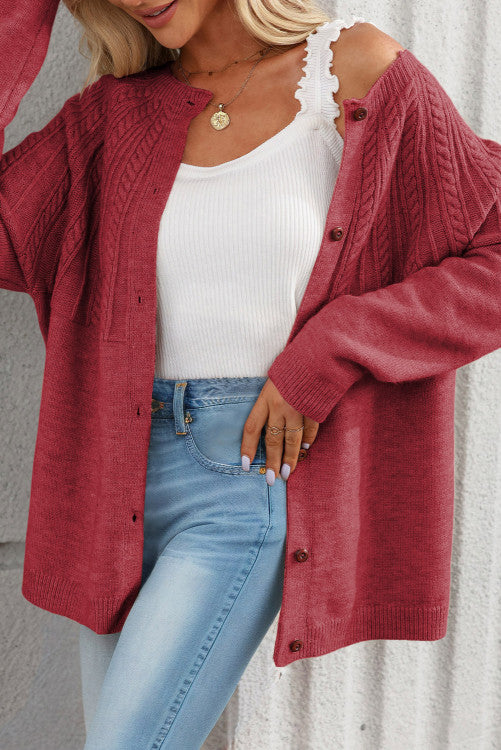 𝐍𝐞𝐰 Red Dahlia Solid Color Textured Detail Button Down Long Sleeve Sweater Cardigan (s-2x)