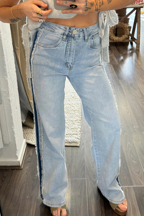 Beau Blue Contrast Stripe Frayed Side Panel Patchwork Shift Jeans