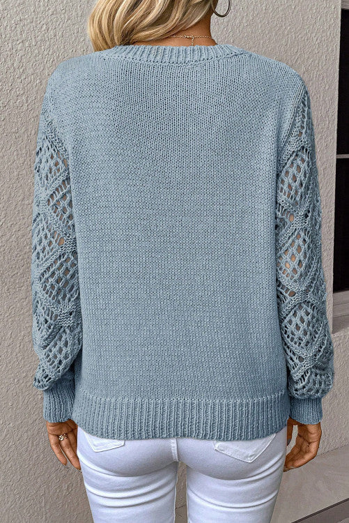 Beau Blue Solid V Neck Pointelle Knit Sleeve Patchwork Sweater