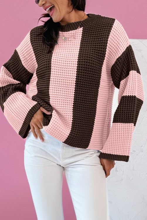 Fushia Striped Color Block Thermal Textured Knit Drop Shoulder Sweater