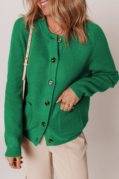 Dark Green Chunky Buttoned Front Round Neck Cardigan Sweater