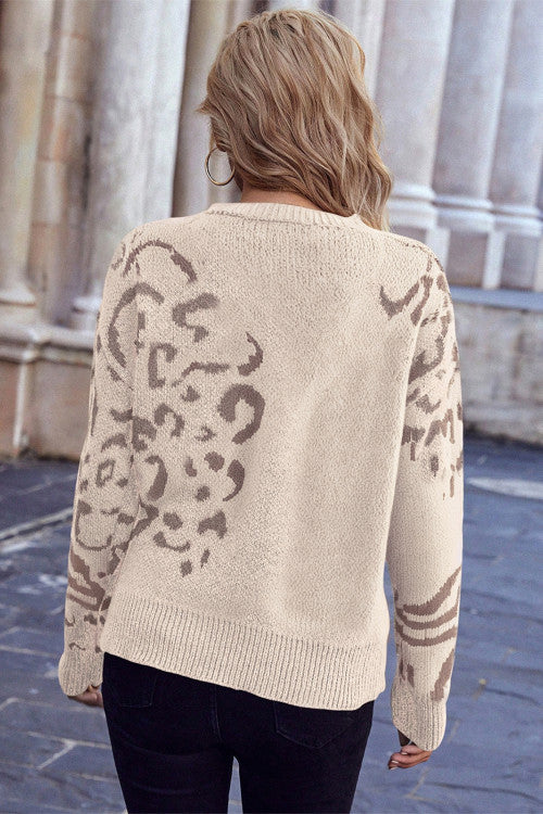 Beige Asymmetric Leopard Print Detail Drop Shoulder Sweater