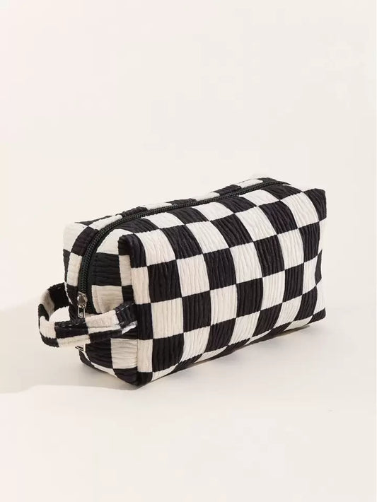 Checkered travel make up bag