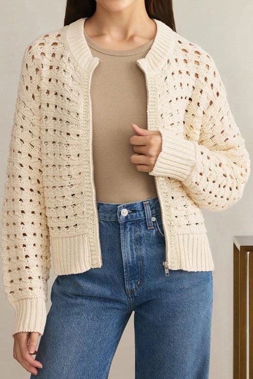 Beige Hollowed Pattern Knit Zip Up Drop Shoulder Sweater Cardigan