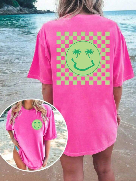 Checkered pink smiley tshirt