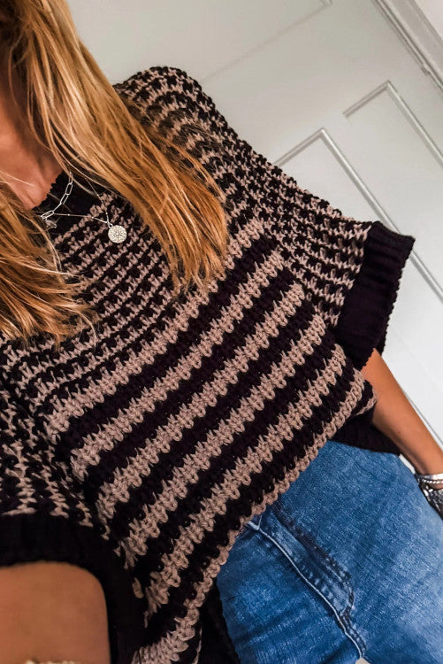 Black Stripe 3/4 Draped Sleeve Slouchy Sweater
