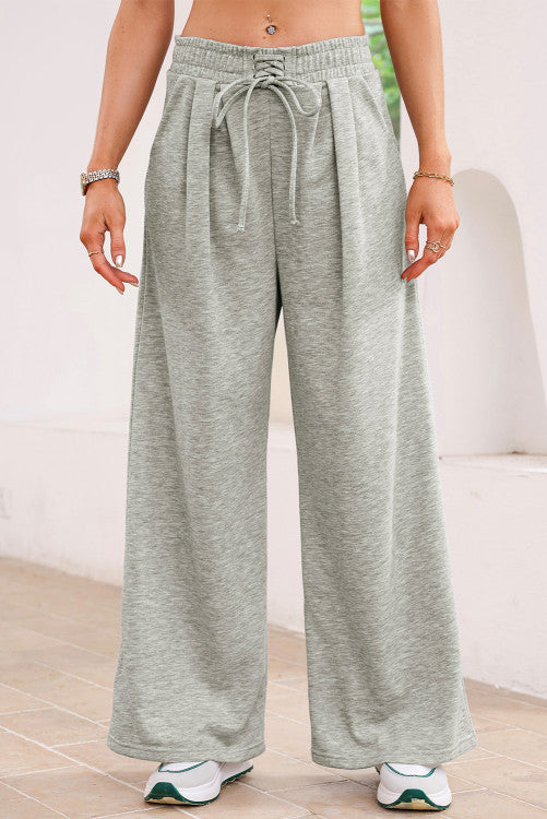 Gray Tied Elastic High Waist Pleated Detail Solid Sweatpants (s-2x)