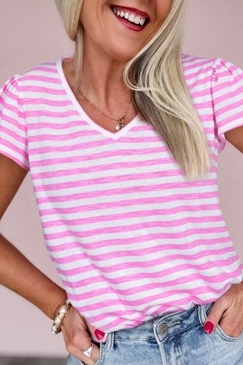 Bonbon Striped V Neck Ruffle Short Sleeve