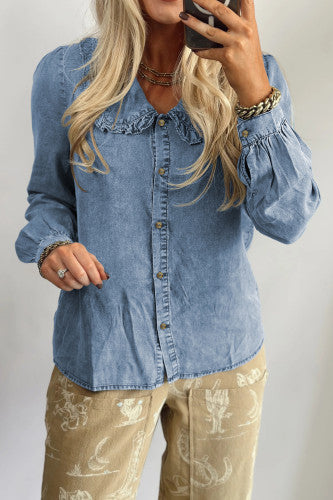 Beau Blue Ruffled Peter Pan Collar Western Denim Shirt