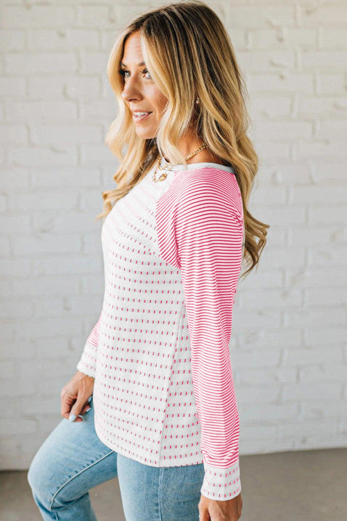 Rose Stripe Raglan Patchwork Long Sleeve Tee