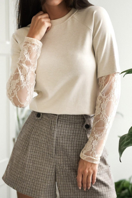 Jet Stream Solid Color Lace Patchwork Long Sleeve T Shirt