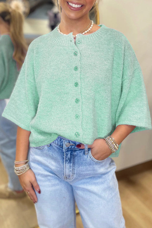 Moonlight Jade 3/4 Sleeve Boxy Knit Button Down Sweater Cardigan