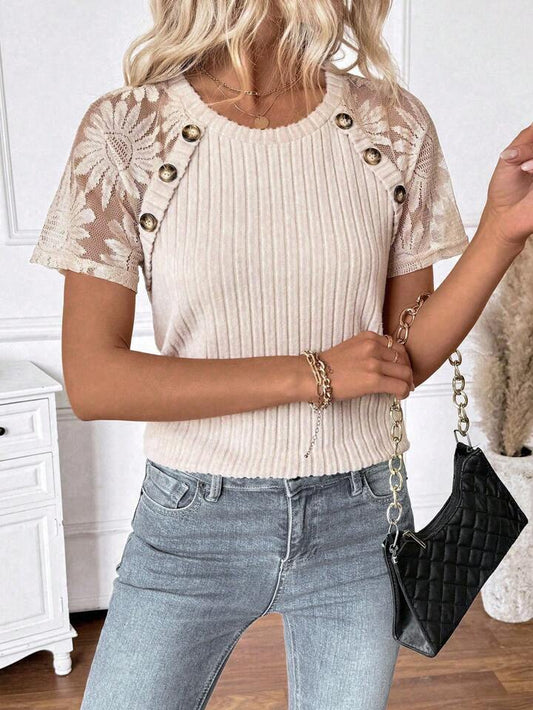 Apricot casual knit top with lace