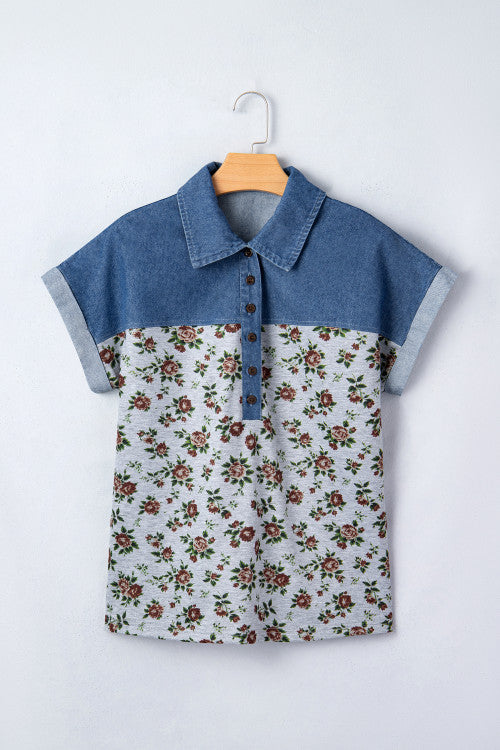 Gray Retro Floral Print Denim Patchwork Buttoned Polo Collar Top
