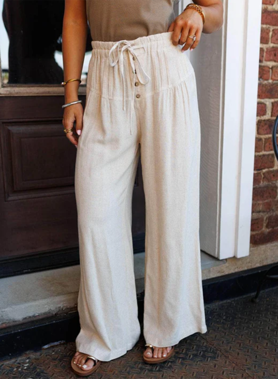 Jet Stream Drawstring Elastic Waist Button Pleated Detail Wide Leg Pants