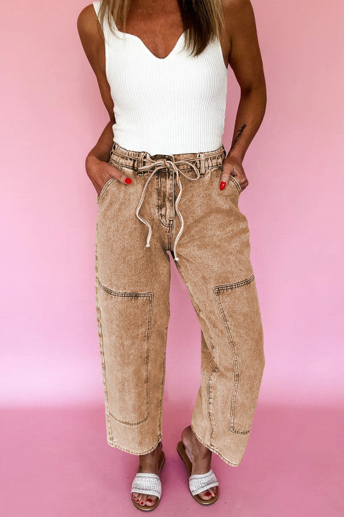 Smoke Gray Acid Wash Barrel Fit Denim Pants with Waist String