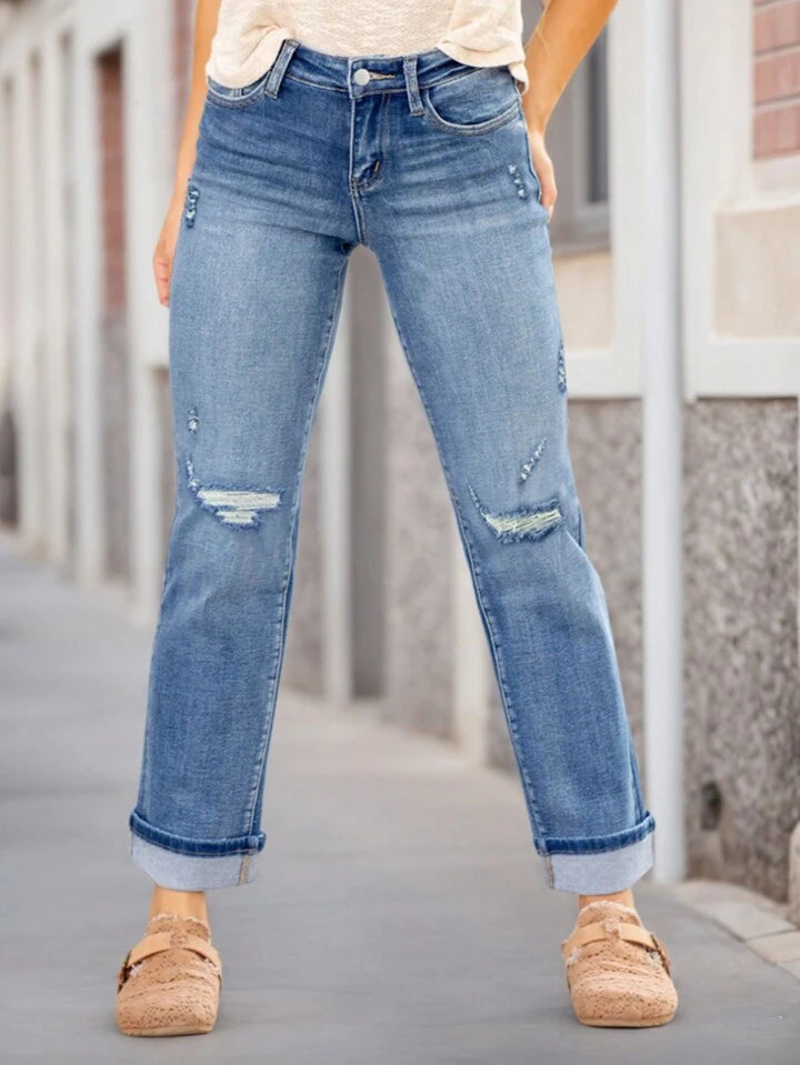 Medium wash cuffed denim jeans