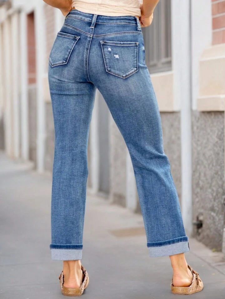 Medium wash cuffed denim jeans