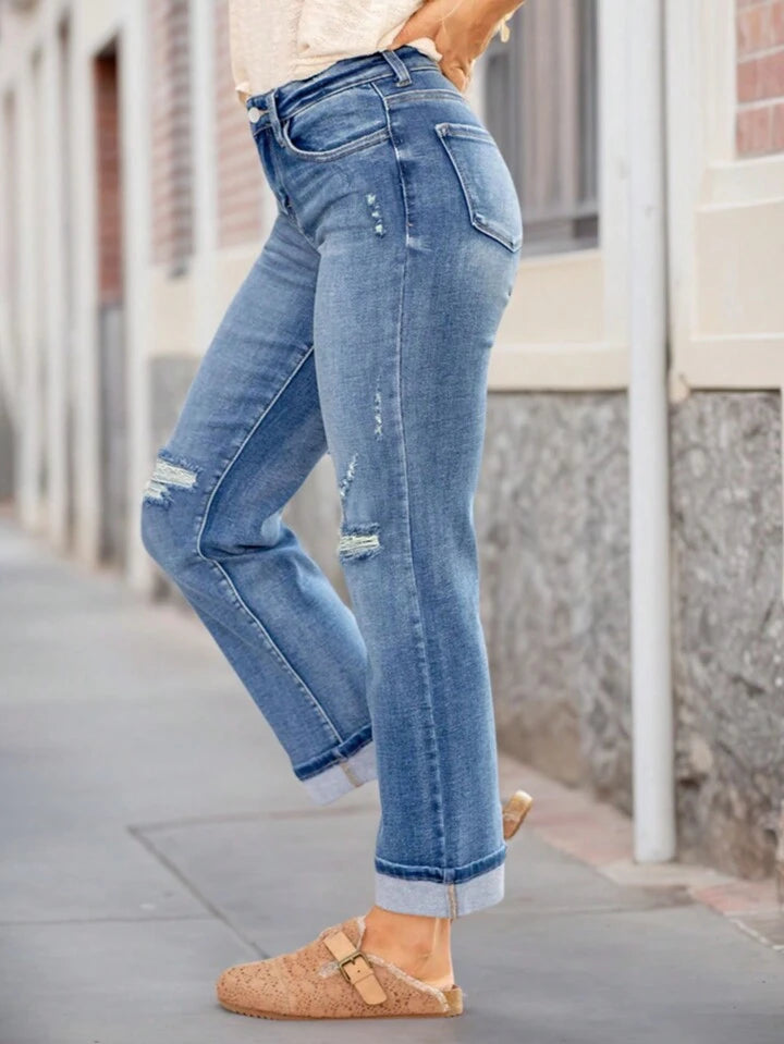 Medium wash cuffed denim jeans