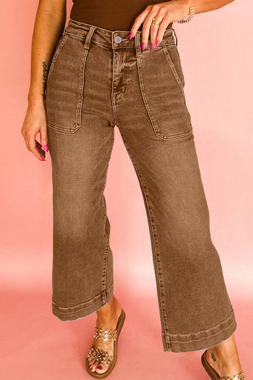 coffee Cropped High Rise Wide Leg Jeans