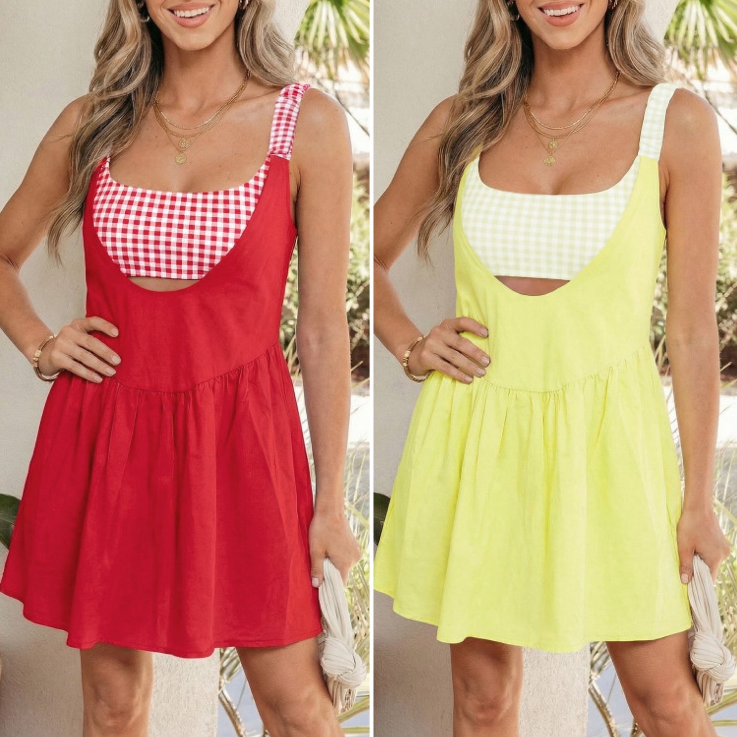 𝐓𝐮𝐞𝐬𝐝𝐚𝐲 𝐝𝐞𝐚𝐥 𝐨𝐟 𝐭𝐡𝐞 𝐝𝐚𝐲 𝟒𝟎% 𝐎𝐅𝐅 Originally $58 (2 colors) Two Piece Gingham Contrast Patchwork Loose Mini Dress