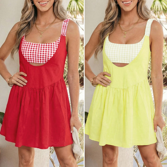(2 colors) Two Piece Gingham Contrast Patchwork Loose Mini Dress