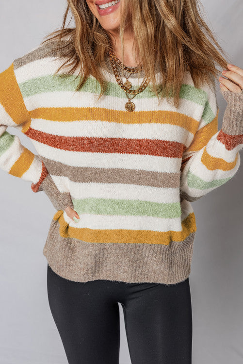 Multicolour Stripe Drop Shoulder Crew Neck