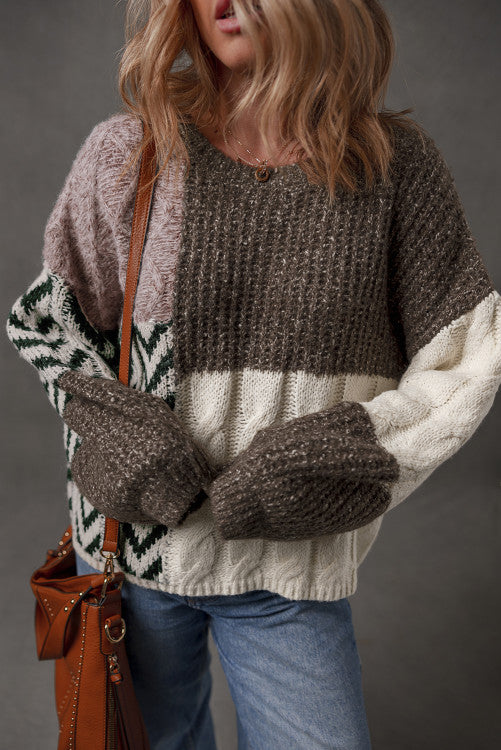 Brown Color Block Patchwork Knotted Back Loose Fit Sweater