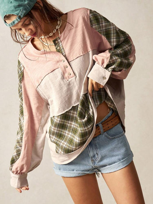 Pink color block with green plaid long sleeve
