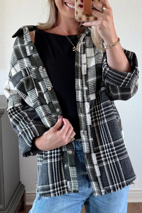 Black Plaid Print Textured Knit Buttoned Shacket