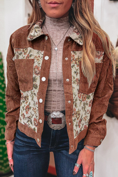 Clay Ribbed Retro Floral Patchwork Shirt Style Jacket