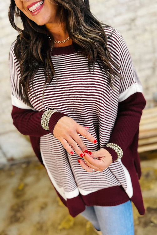 Red Stripe Color Block Patchwork Dolman Oversize Tunic Sweater